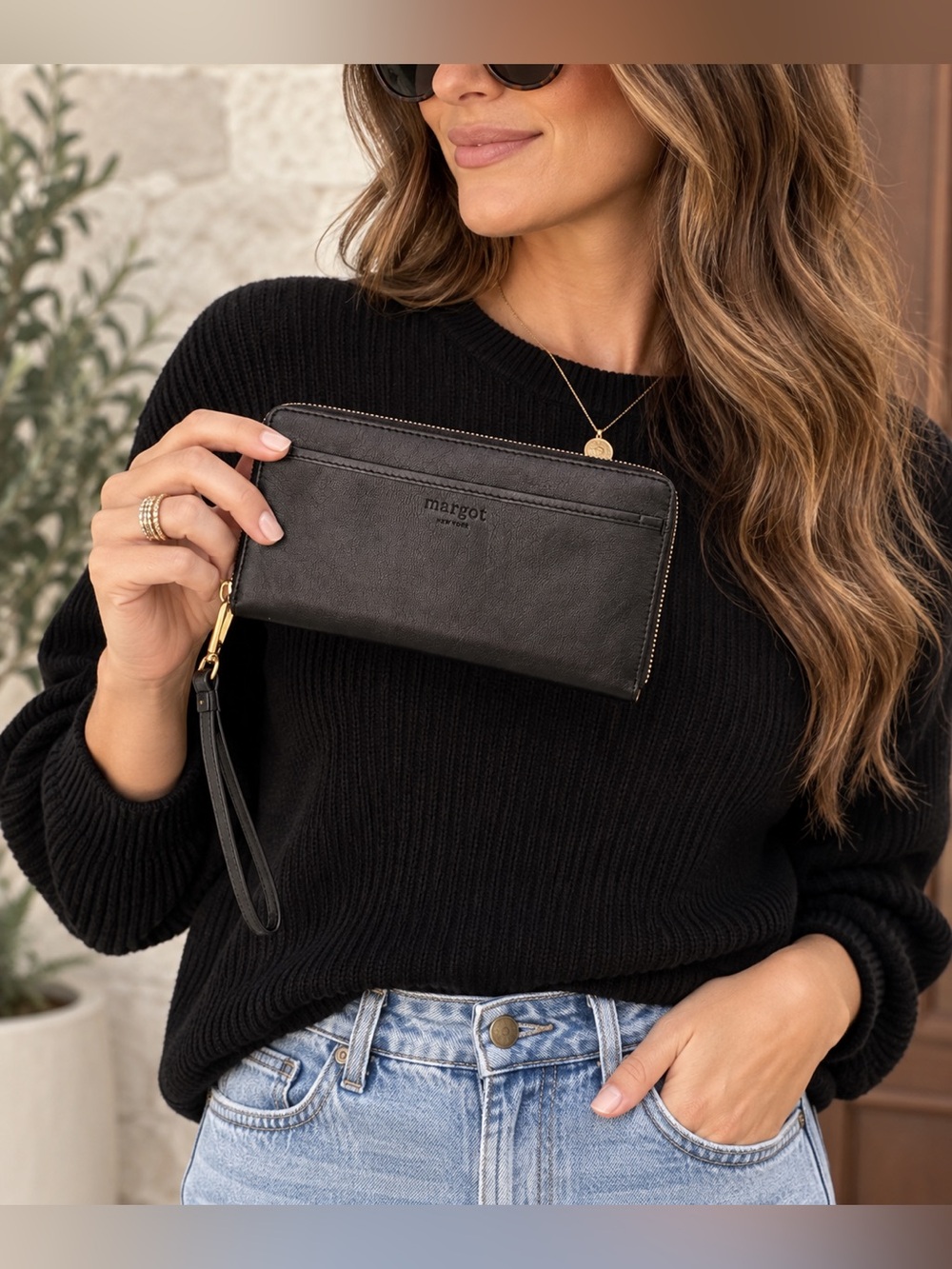 Margot New York Black Leather Zip Around Wristlet Wallet Gold Hardware